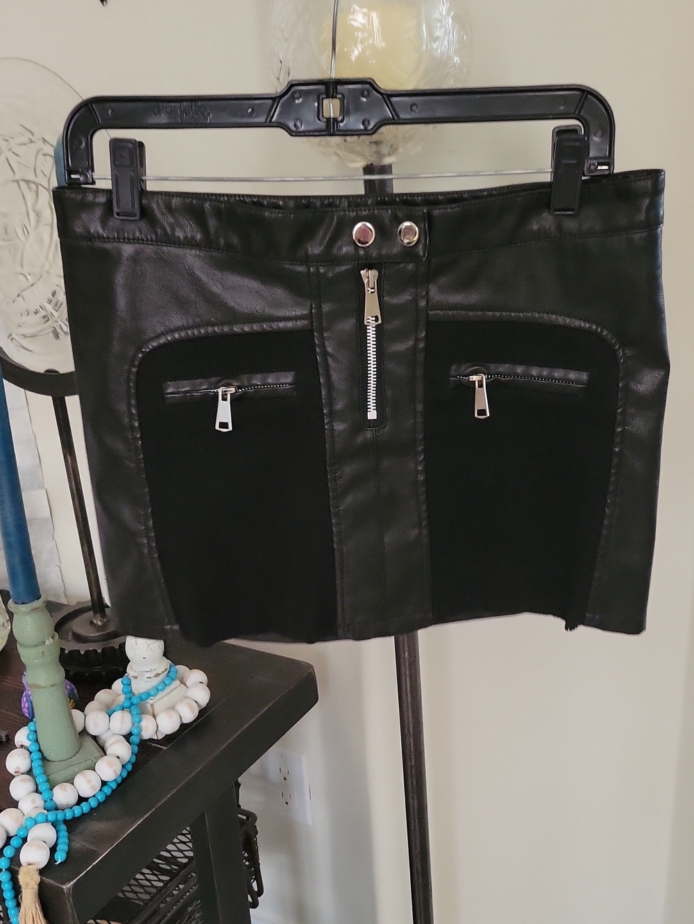 Windsor Black Faux Leather Mini Skirt with Zip Pocket Details